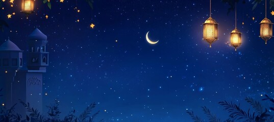 Night scene with crescent moon, stars, lanterns, and minaret.