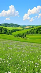 Fototapeta premium Lush green field, rolling hills, sunny sky, tranquil scene