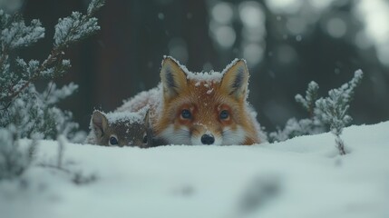 Fototapeta premium Winter Wonderland: Fox and Squirrel in Snowy Forest