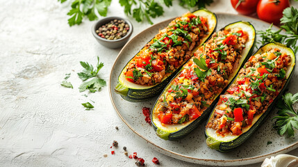 Deliciously stuffed zucchini boats with colorful vegetables and herbs ready to serve at a summer gathering. Generative AI