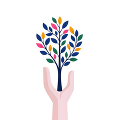 Hand Holding Colorful Tree with Vibrant Leaves and Abstract Design