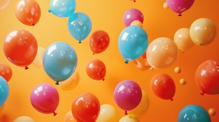 Many colorful balloons float on an orange background.