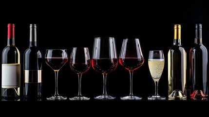 A row of wine glasses and bottles.