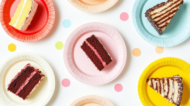 A cheerful arrangement of colorful paper plates features delectable slices of cake. This delightful setup is ideal for parties, picnics, and festive occasions filled with joy and sweetness