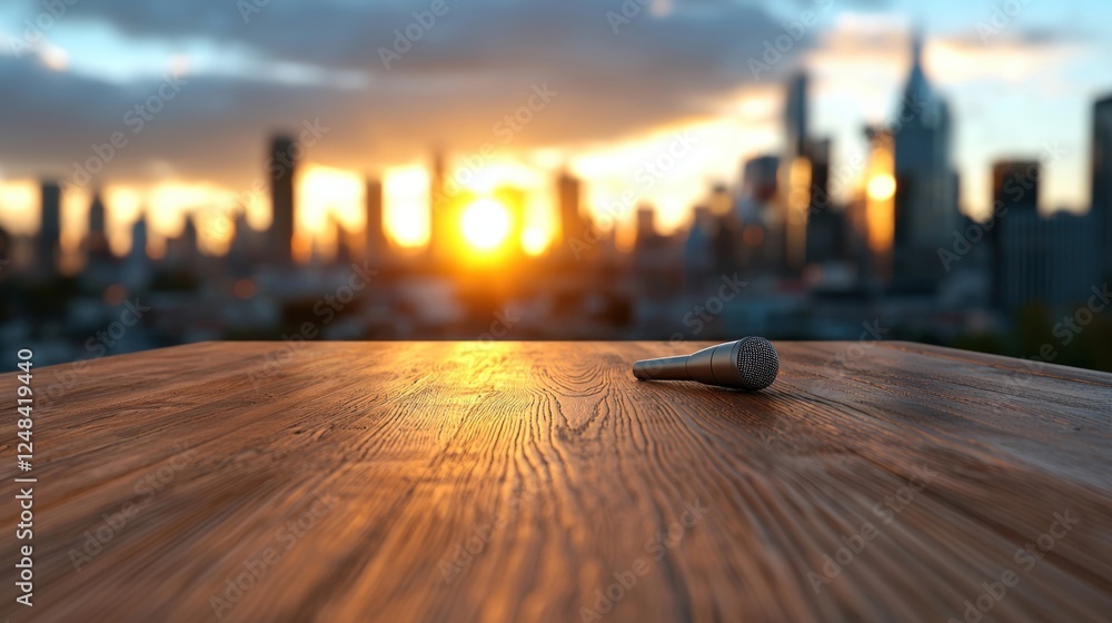 Poster a minimalist and modern press conference table with a sleek wooden surface and an empty backdrop cre