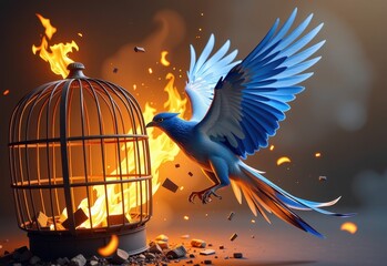 Fototapeta premium A majestic phoenix breaking free from its cage The scene is filled with fiery energy as the mythical bird bursts into flames,