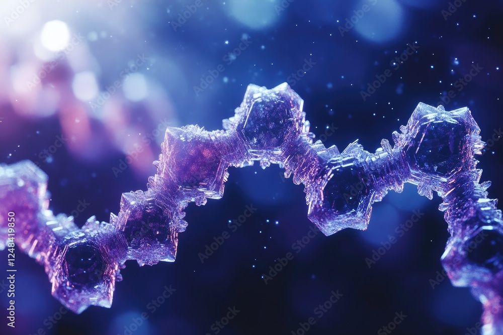 Poster intricate purple and blue ice crystals form a unique chain-like structure against a bokeh background