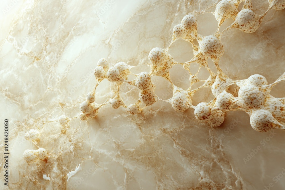 Poster abstract 3d render of interconnected spheres resembling a network or molecular structure on a marble