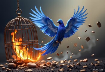 Fototapeta premium A majestic phoenix breaking free from its cage The scene is filled with fiery energy as the mythical bird bursts into flames,