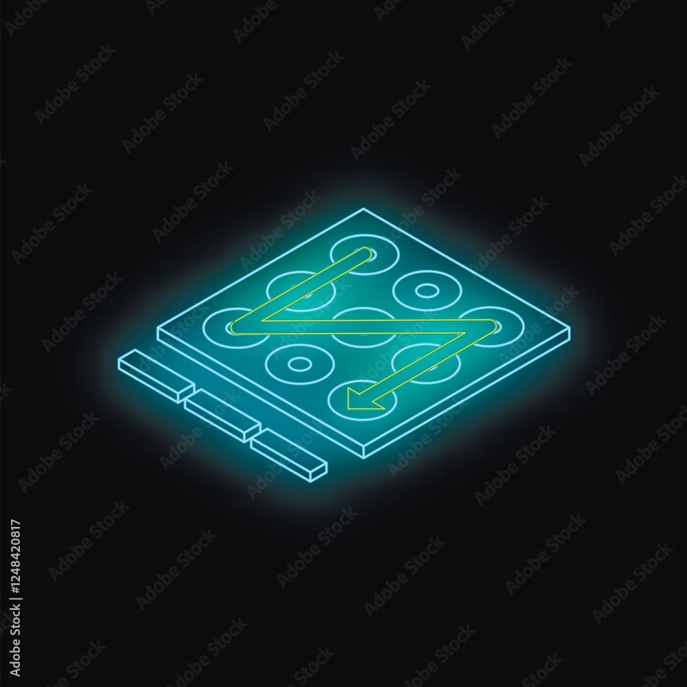 Poster isometric view of microchip processing data with illuminated green circuit path, representing techno