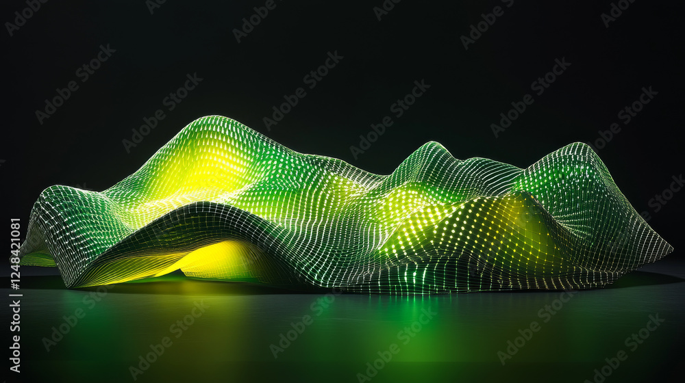 Poster data technology abstract futuristic green and yellow low poly shape glowing wire mesh surface on dar