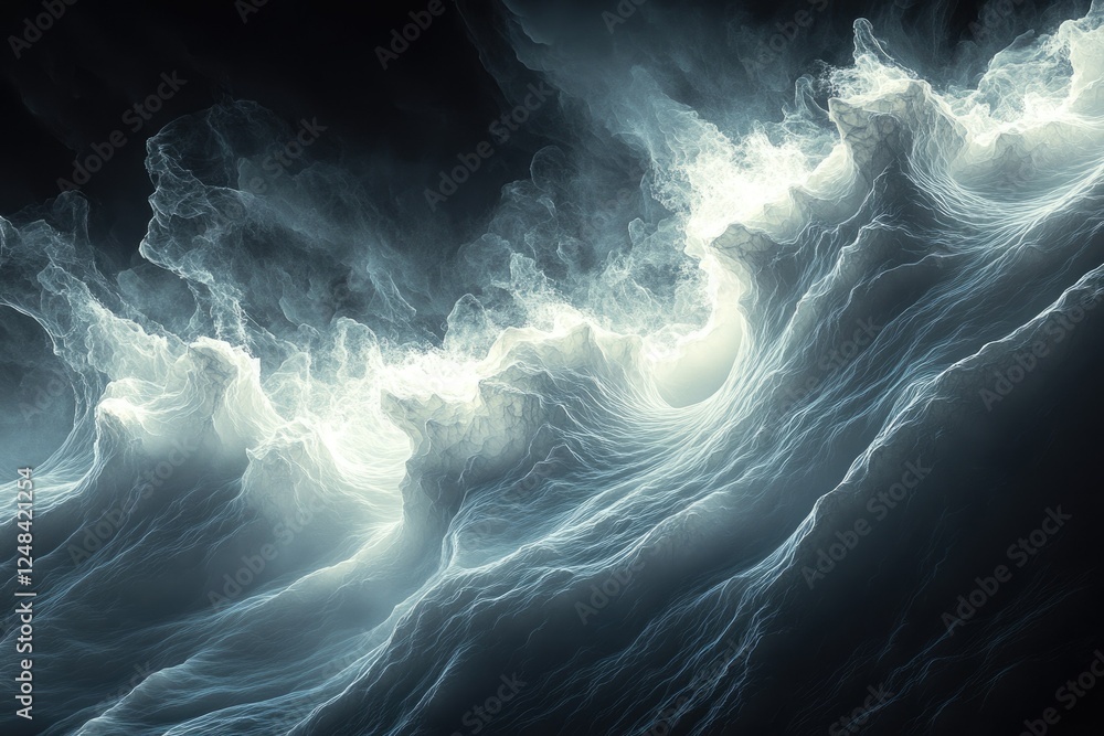 Poster abstract depiction of ethereal waves, glowing with inner light, creating a dramatic and mysterious s