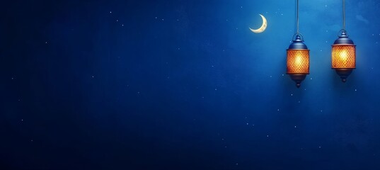 Fototapeta premium Night scene with crescent moon and lanterns.