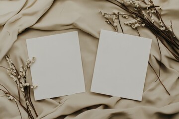 Two blank white cards on soft beige fabric with delicate dried flowers, perfect for an elegant, minimalistic, and romantic greeting or wedding invitation mockup