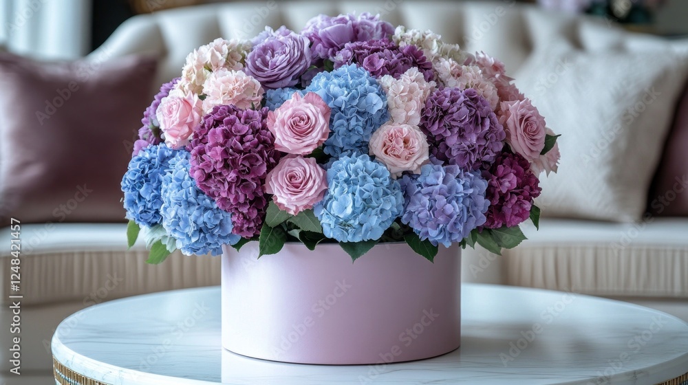 Poster bright and elegant display of roses and hydrangeas in shades of purple and blue, nestled in a soft p