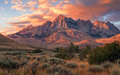 Fototapeta premium Majestic mountain range under a golden sunrise, deep shadows and vivid colors
