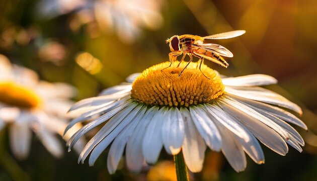 A hoverfly resting on a daisy, with its translucent wings shimmering in the sunlight, capturing the delicate beauty of nature in a warm, sunny setting.