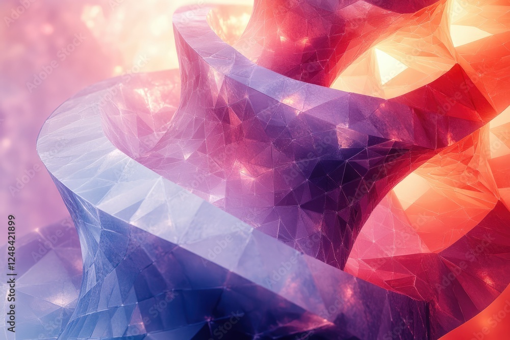 Poster abstract swirling polygonal structure in vibrant hues of red and blue, creating a mesmerizing visual