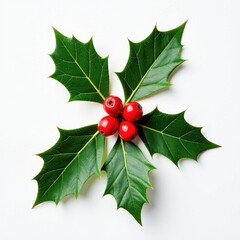 Vibrant green holly leaves with bright red berries, isolated on white background for Christmas or holiday design
