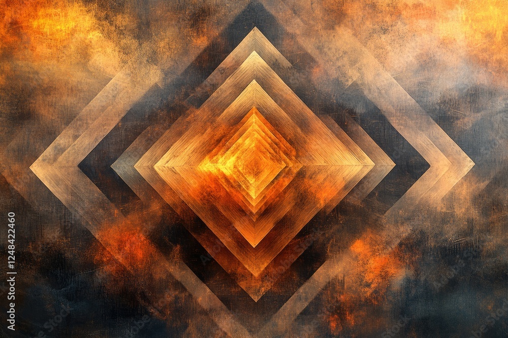 Poster abstract fiery geometric design with nested diamond shapes and a grunge texture.