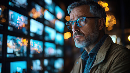 Fototapeta premium Man observes multiple screens in a dimly lit control room filled with glowing images at night. Generative AI
