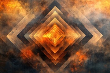 Abstract fiery geometric design with nested diamond shapes and a grunge texture.