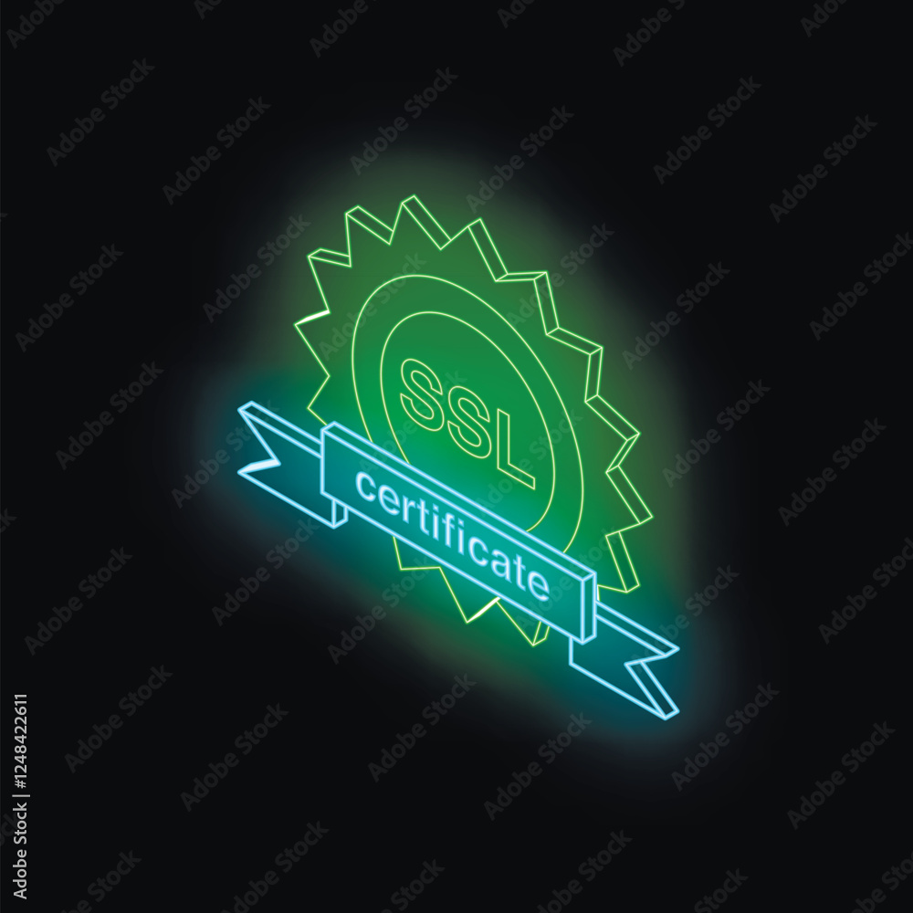 Poster glowing neon ssl certificate representing secure connection, ensuring online safety and data protect