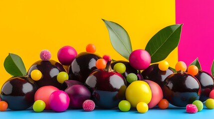 Obraz premium Pile of mangosteen fruits with collection of colorful candies isolated on a colorful background