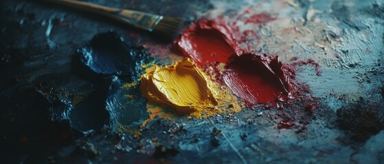 Artist’s colors vividly streak a painter’s palette, showcasing creativity and the process of transforming ideas into colorful visual art.