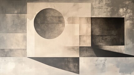 Abstract painting with geometric shapes circle square and rectangle in gray and white hues