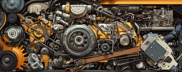 Complex machinery engine with intricate mechanical parts