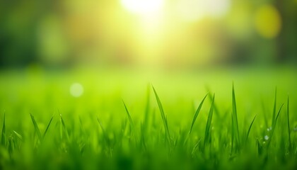 Fototapeta premium Hierba verde y exuberante en un entorno luminoso al aire libre con elementos de fondo suaves y borrosos que sugieren árboles y follaje, iluminados por la luz del sol