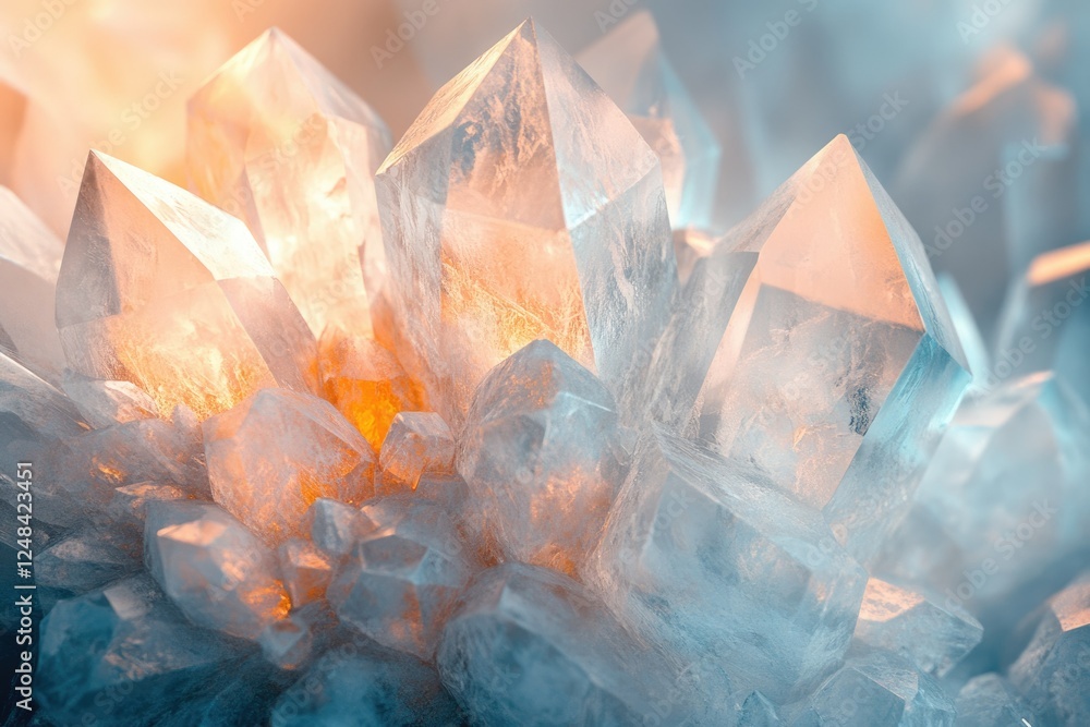 Poster a cluster of translucent crystals illuminated with warm light, showcasing intricate geometric struct