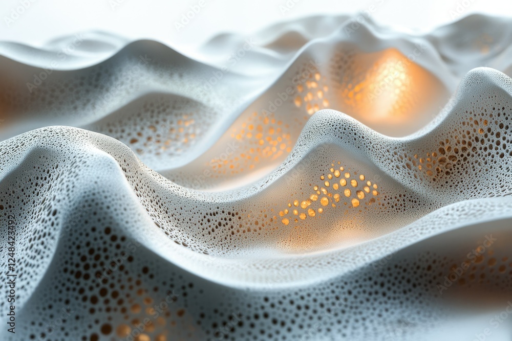 Poster abstract 3d rendering of undulating white surface with porous texture and warm inner glow.