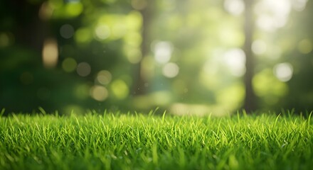 Naklejka premium Hierba verde y exuberante en un entorno luminoso al aire libre con elementos de fondo suaves y borrosos que sugieren árboles y follaje, iluminados por la luz del sol