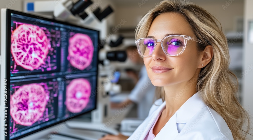 Poster dedicated researcher examines brain scan images on a high-resolution screen in a well-equipped labor