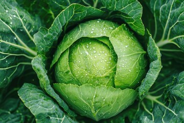 Obraz premium Fresh Cabbage Growing in Garden with Water Droplets, Emphasizing Freshness and Culinary Possibilities