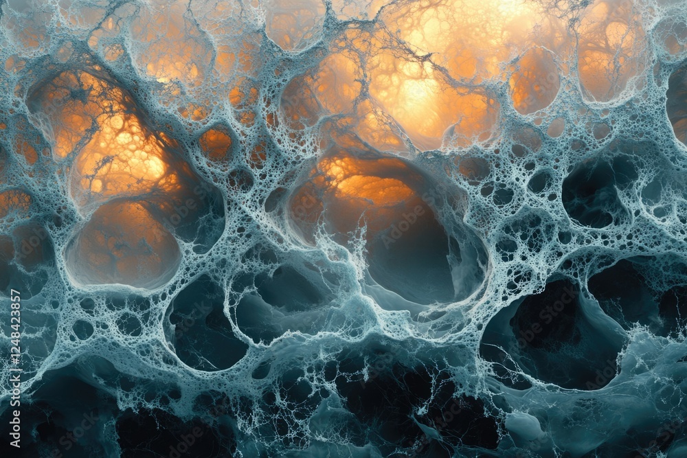 Aufkleber abstract image depicting a complex, cavernous structure with glowing orange inner spaces and a teal,