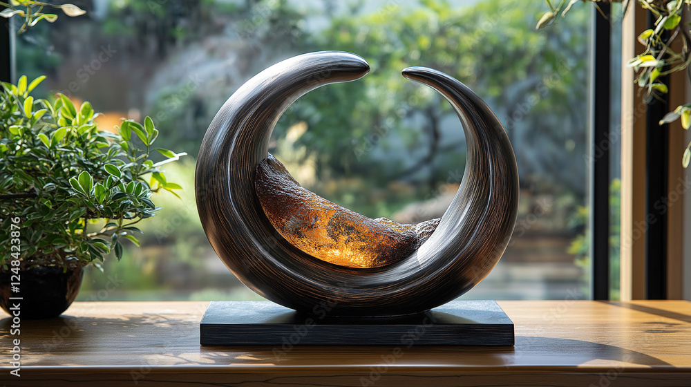 Poster decorative sculpture with a flowing design illuminated by sunlight in a serene indoor environment. g