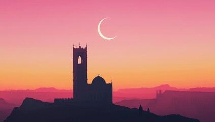 Obraz premium Silhouette of a church and crescent moon at sunset.
