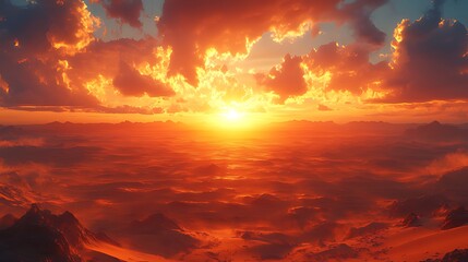 Fototapeta premium Fiery sunset over mountains, cloudscape, aerial view, fantasy landscape