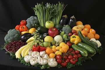 Colorful fruit & vegetable bounty, dark background, healthy eating