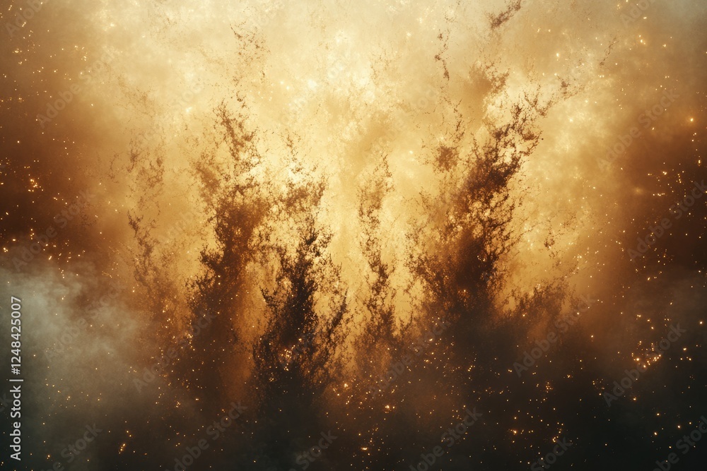 Poster golden, ethereal explosion; fractal patterns in smoke and light create a mystical scene.