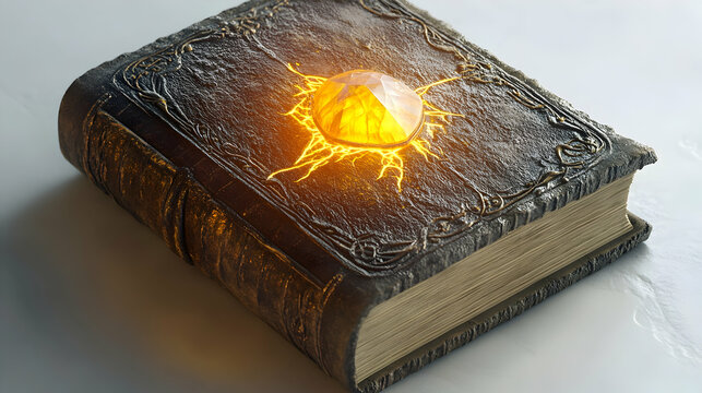 Ancient book with glowing gemstone on cover