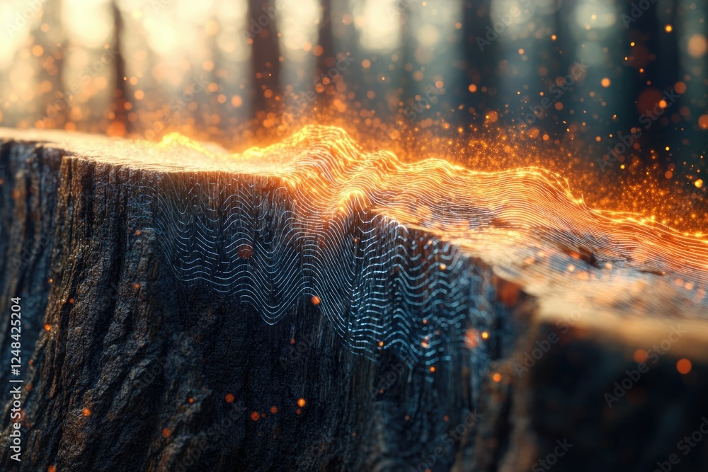 Poster glowing energy flows over a tree stump in a forest, creating a magical, abstract scene.