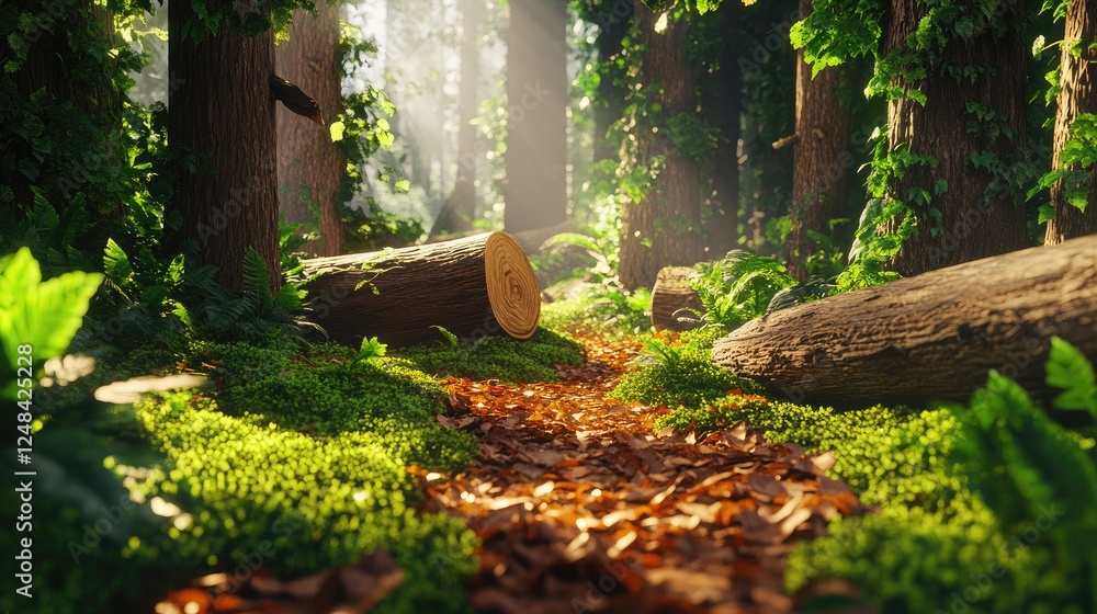 Aufkleber sunlit forest path with fallen logs and moss