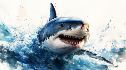 A watercolor painting of a great white shark emerging from the ocean, soft brush strokes, blue and gray tones, white background