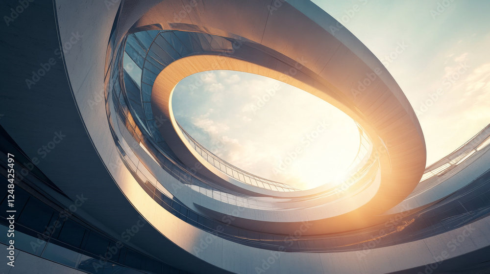 Poster abstract round shaped futuristic building with day light and sun reflections 3d render illustration