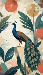 Peacock. Illustration painted with oil paint for printing on wall decorations and covers