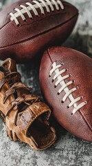 Close-up of vintage footballs and cleats on textured surface. Possible use Sports memorabilia